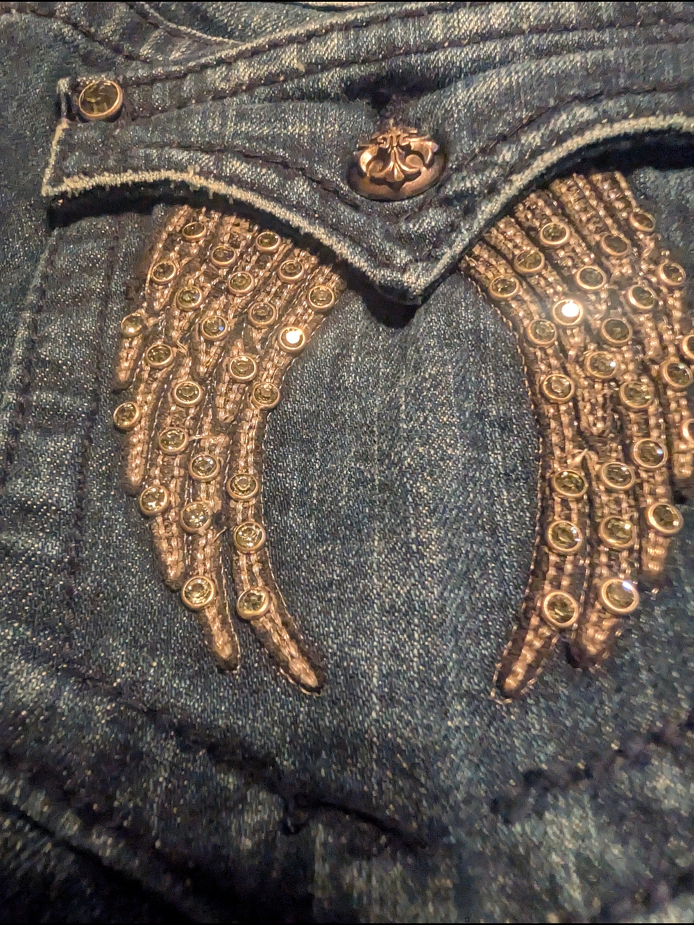 Miss Me Dark Blue Bootcut Jeans with Wing Rhinestone Embellishment